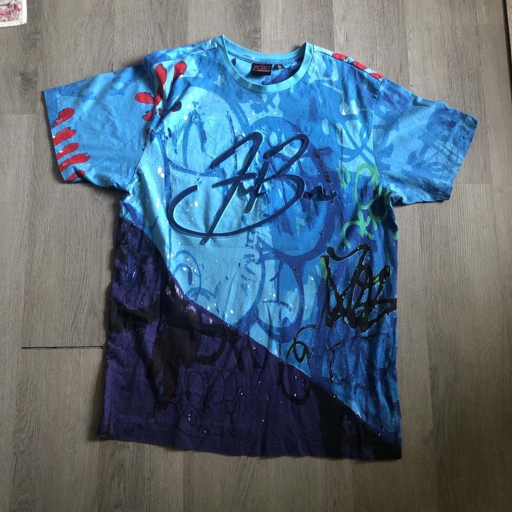 Vintage FUBU The Collection Shirt Graffiti All Over Print AOP Blue Y2K XL